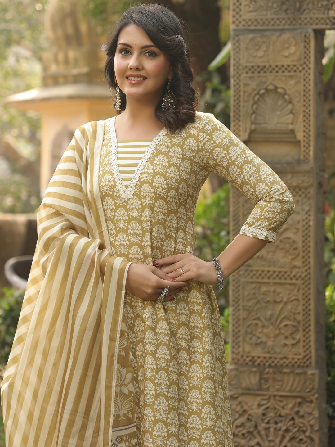 ANNI DESIGNER Women s Anarkali Rayon Blend Printed with Trousers and Dupatta, Mehandi, XXL