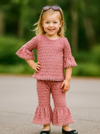A.T.U.N. (ALL THINGS UBER NICE) Girls Textured Knit Ruffle Sleeve Peplum Top and Bell Bottom Pants Set with Pom-Pom Trim