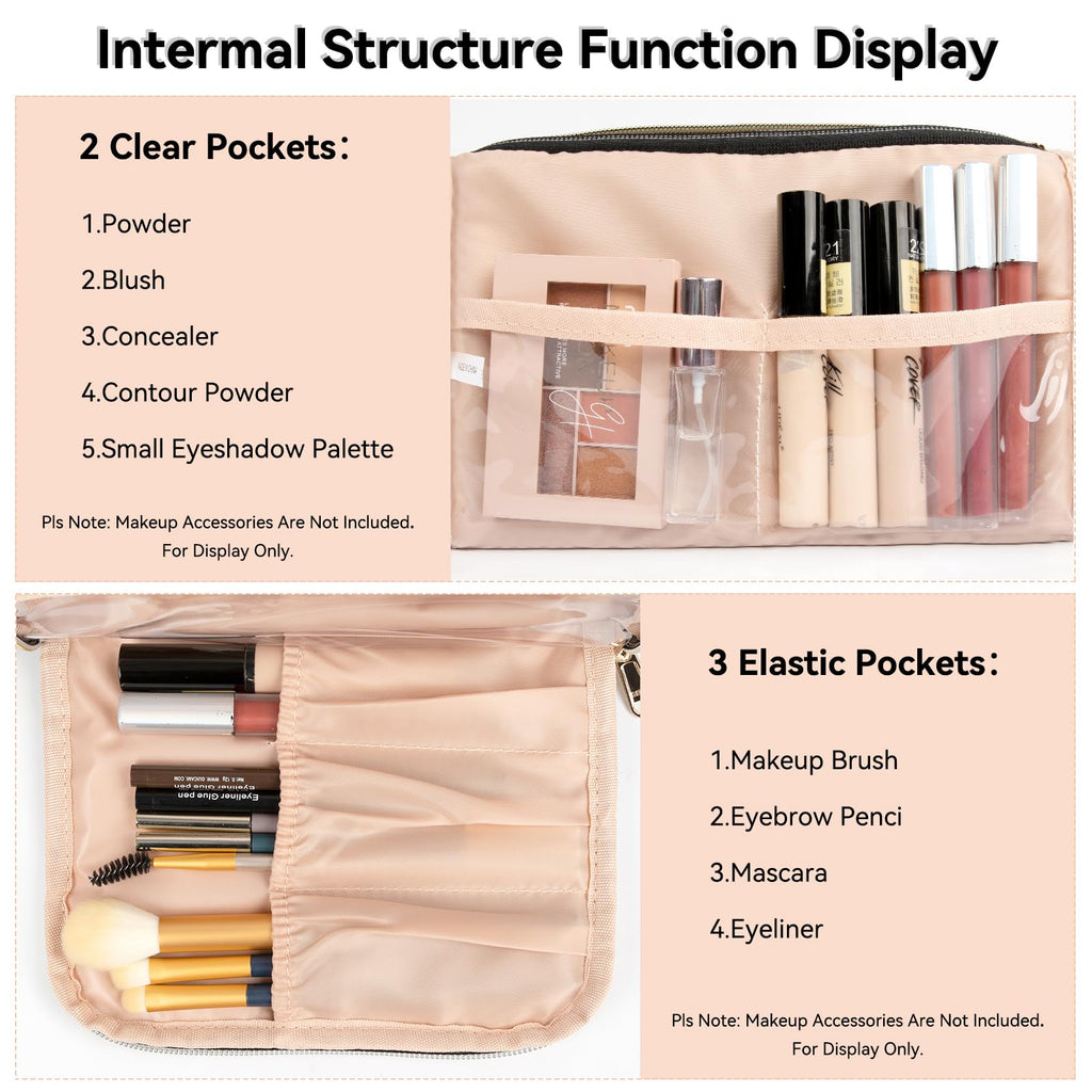 CUBETASTIC Makeup Bag, Travel Cosmetic Bag for Women Portable Cute Make Up Organizer Pouch with Makeup Brush Compartment, Two Op
