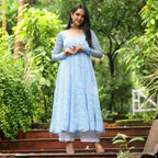 Toochki Gown For Women Wedding | One Piece Dress For Womens Long | Maxi Dresses | Ethnic Sky Blue Gowns | Anarakali Suit | Print