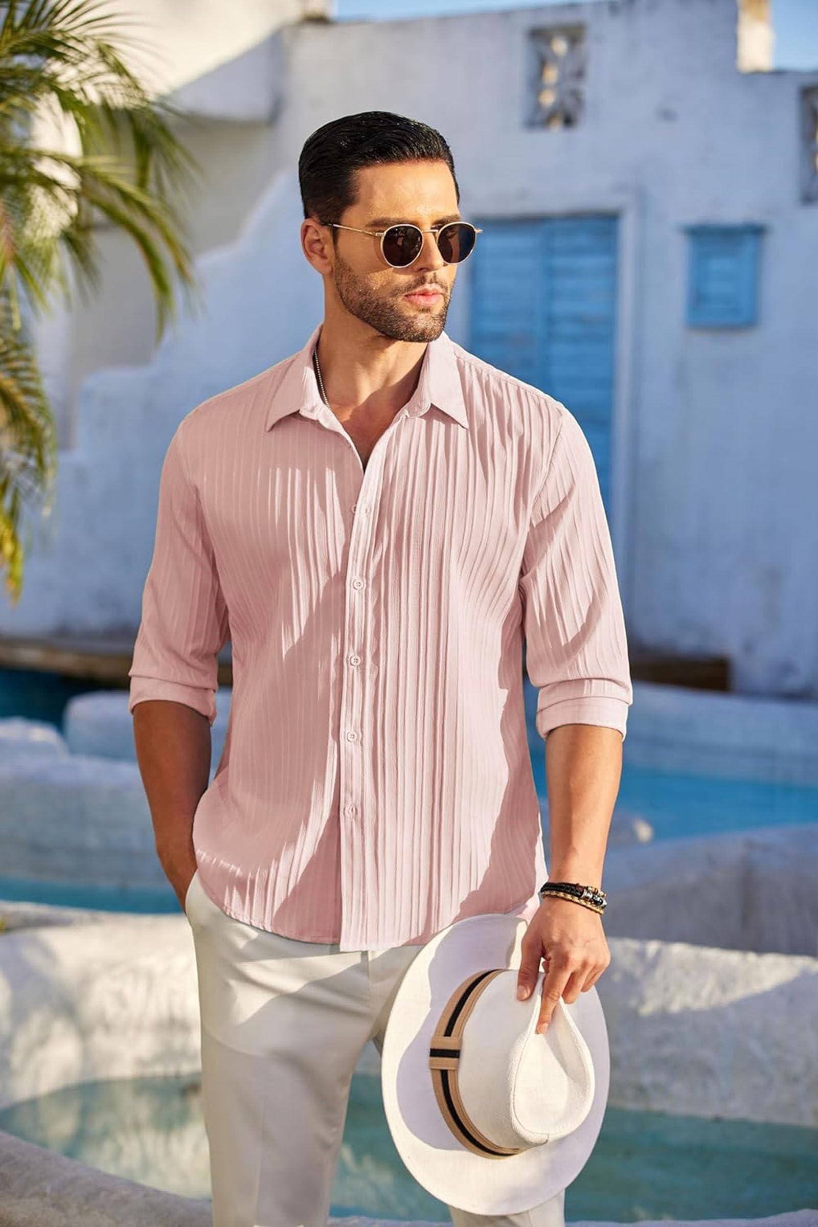 Deelmo MenS Button Down Dress Shirts Textured Long Sleeve Casual Hawaiian Beach Shirt Cream