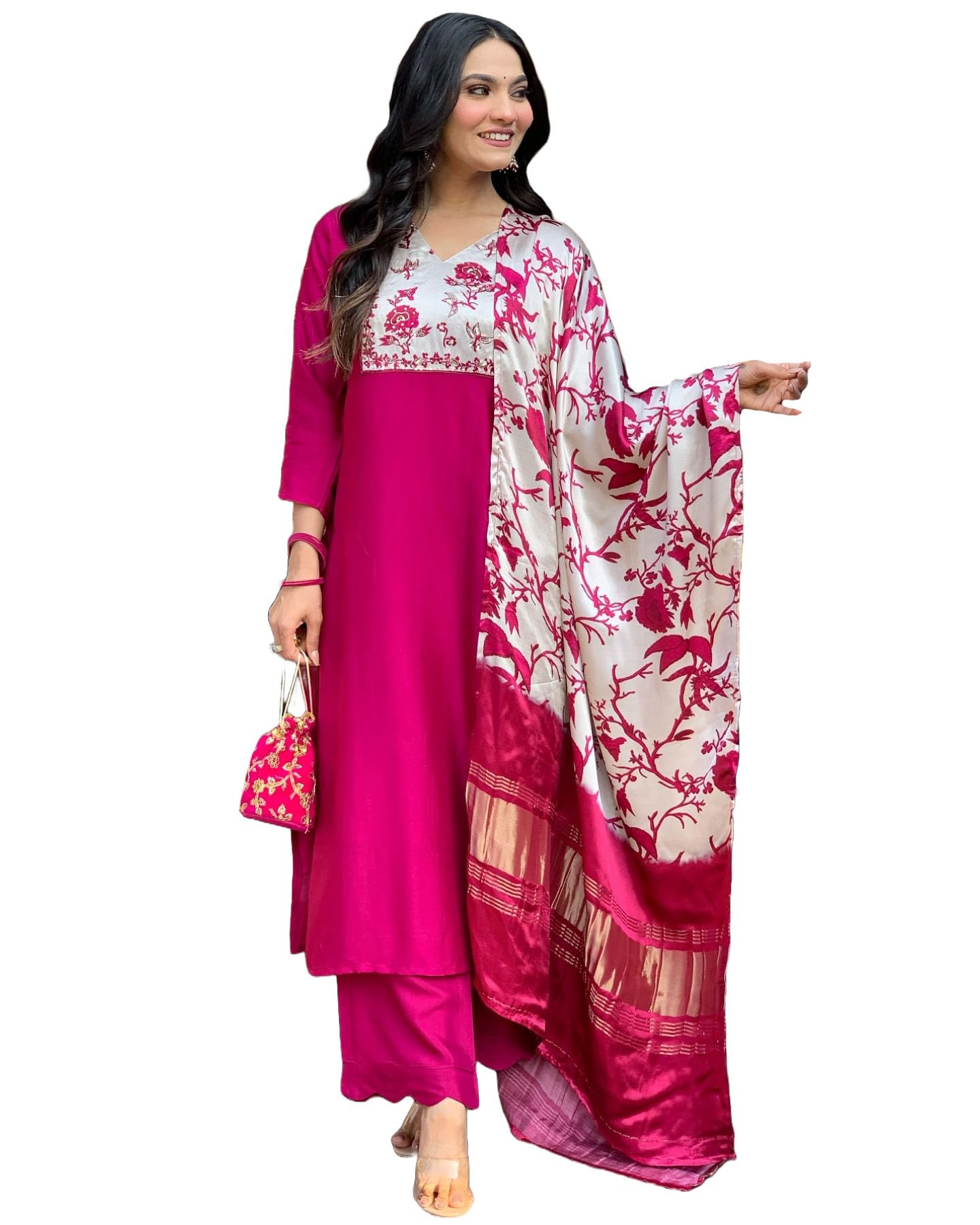 ANNI DESIGNER Womens Rayon Viscose Printed Straight Kurta with Pant & Dupatta (Kapasa Pink_XL_Pink_X-Large)