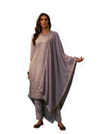 Ziyaa Women'S Art Silk Light Grey Chinon Straight Kurta With Pant And Dupatta Set (Sgskdch4038