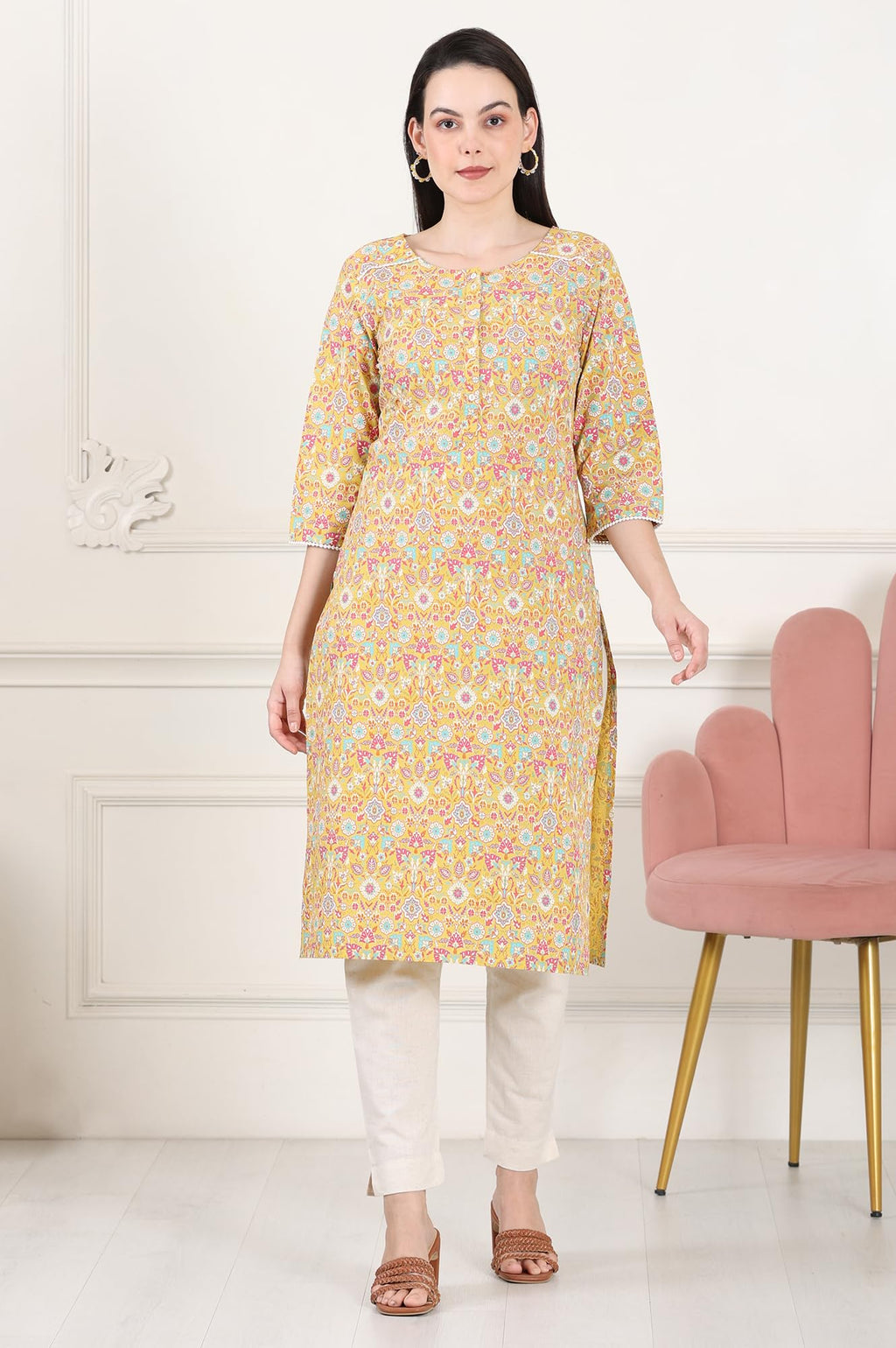 W For Woman Yellow Floral Printed Pure Cotton Straight Kurta