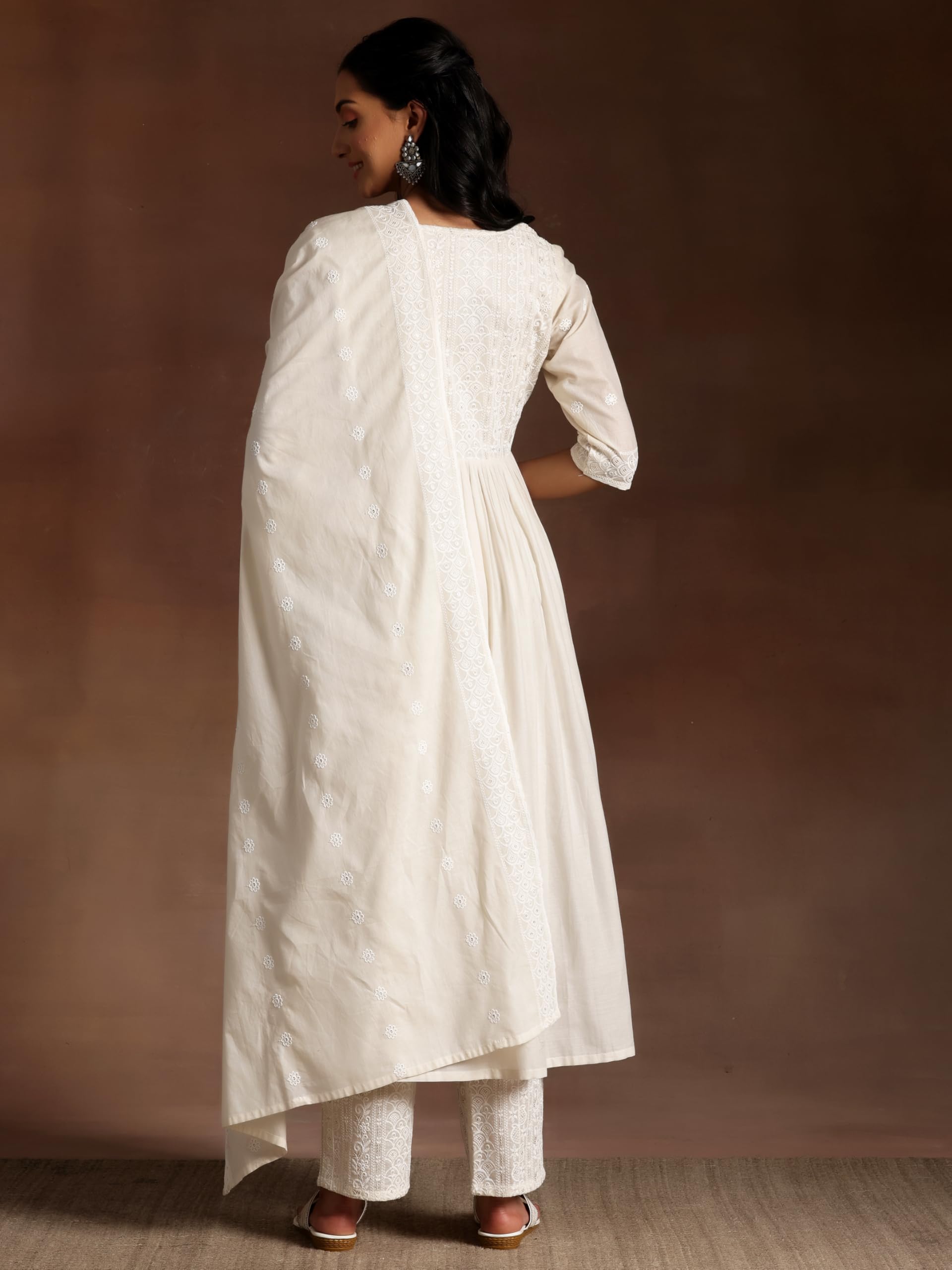 Libas Womens Embroidered Cotton A-Line Kurta With Palazzos And Dupatta