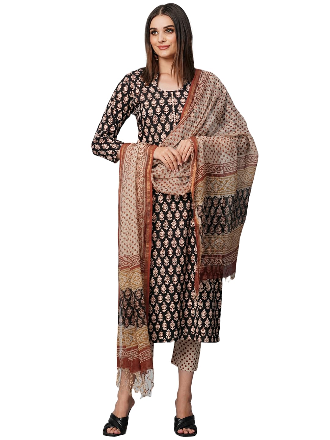 ANNI DESIGNER Womens Cotton Blend Straight Printed Kurta with Pant & Dupatta (Nayantara Black-NSW_S_Black_Small)