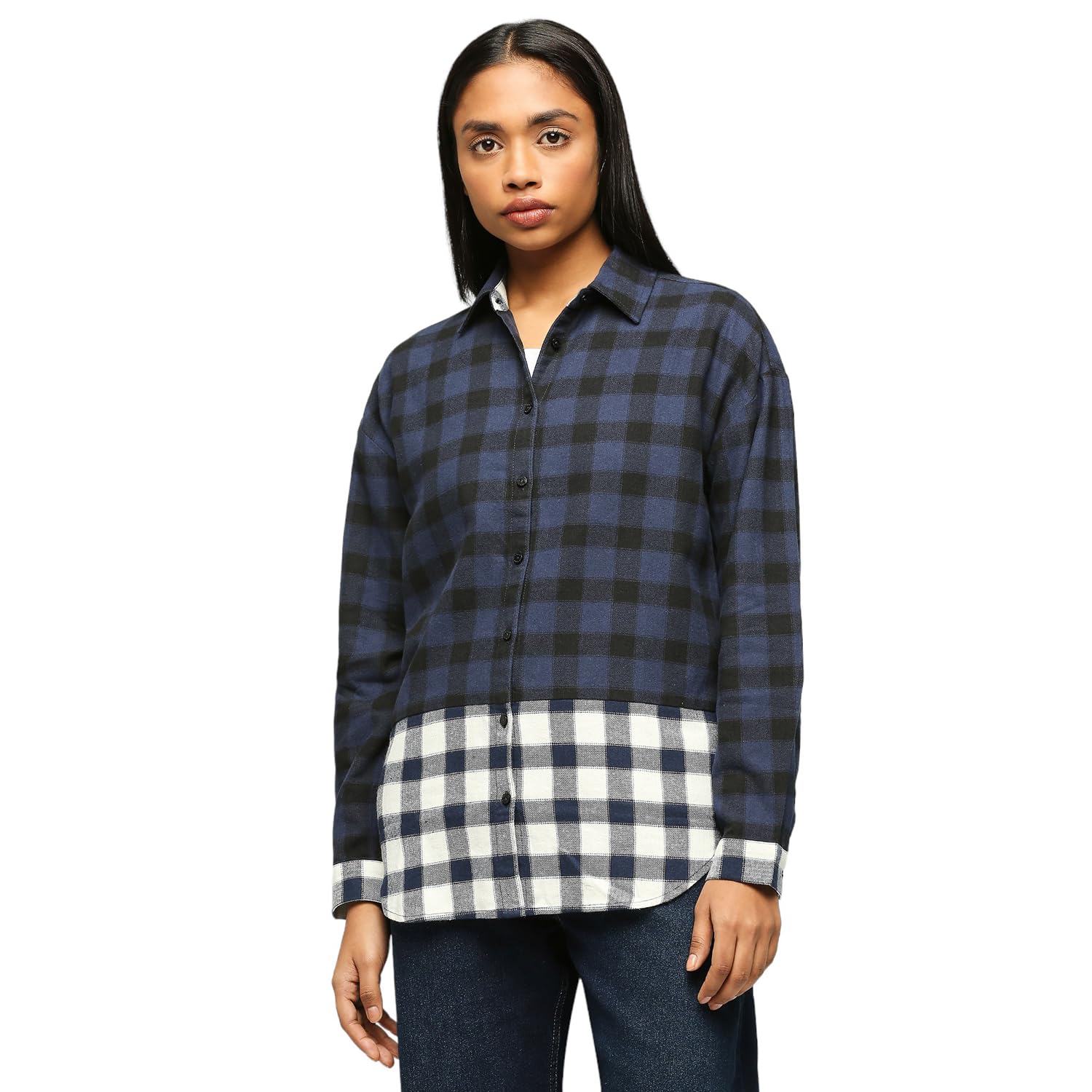 Pepe Jeans WomenS Checkered Oversized Fit Shirt (Pl304782_Navy Blue