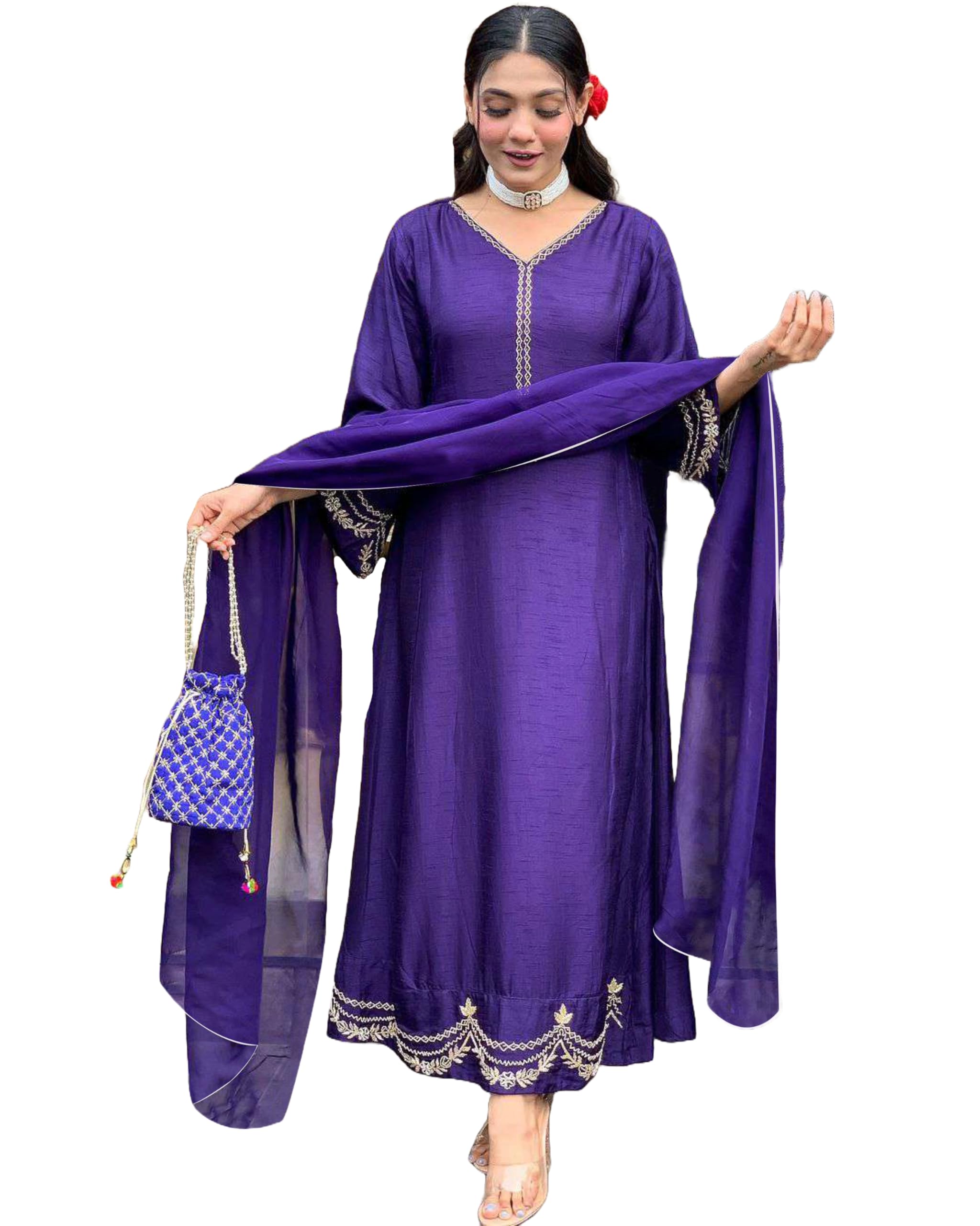 ANNI DESIGNER Womens Rayon Blend Anarkali Embroidered Kurta with Pant & Dupatta (Ranibai Blue_XL_Blue_X-Large)