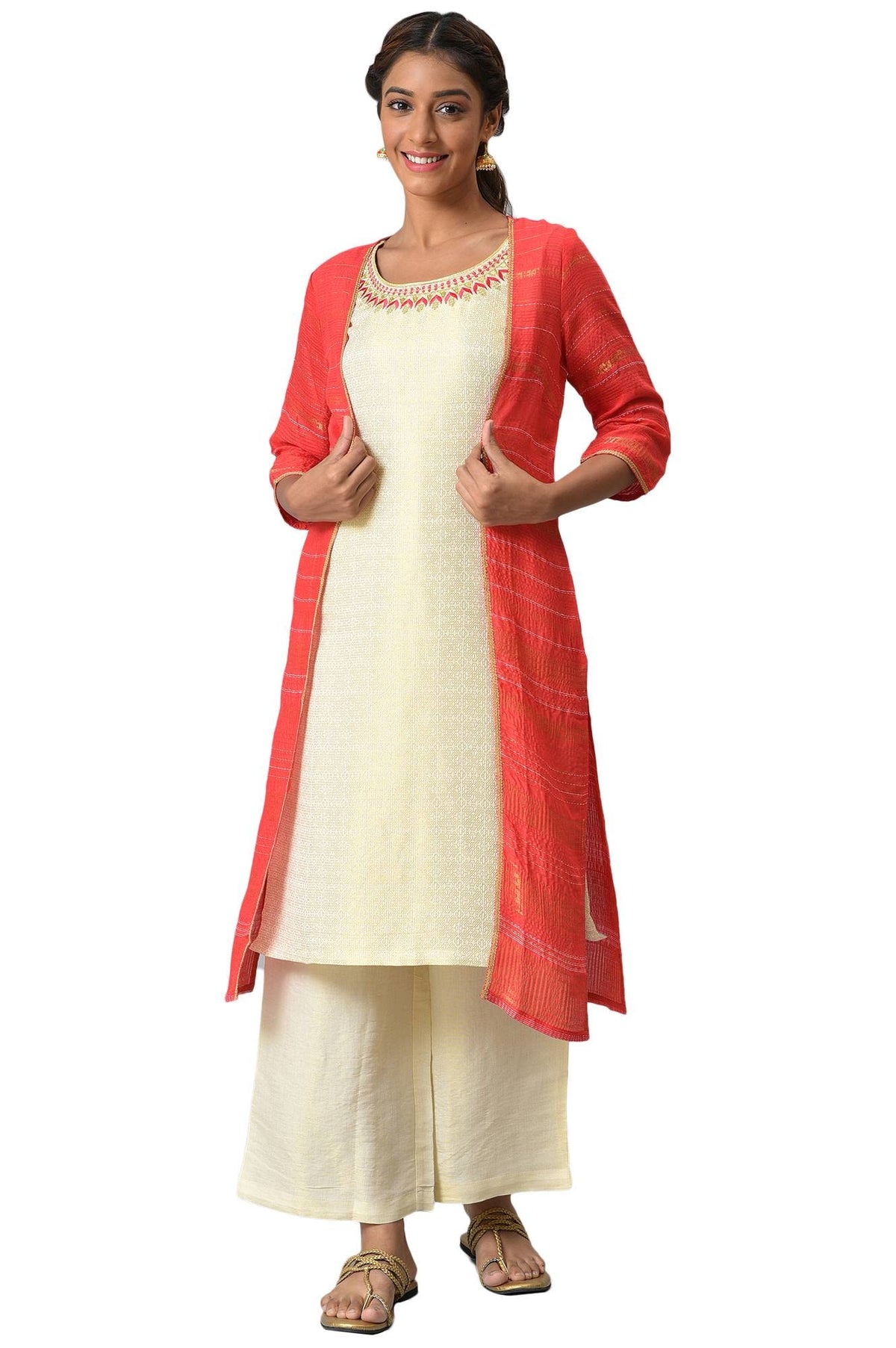 Red Yarn-Dyed Gilet With Off-White Sleeveless Kurta And Palazzo