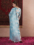ANNI DESIGNER Ladies Cotton Blend Straight Print Cropped Trousers and Dupatta Kurta, Blue sky, XL