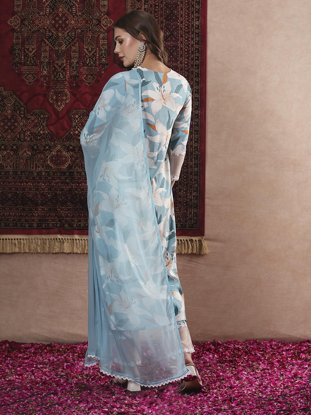 ANNI DESIGNER Ladies Cotton Blend Straight Print Cropped Trousers and Dupatta Kurta, Blue sky, XL