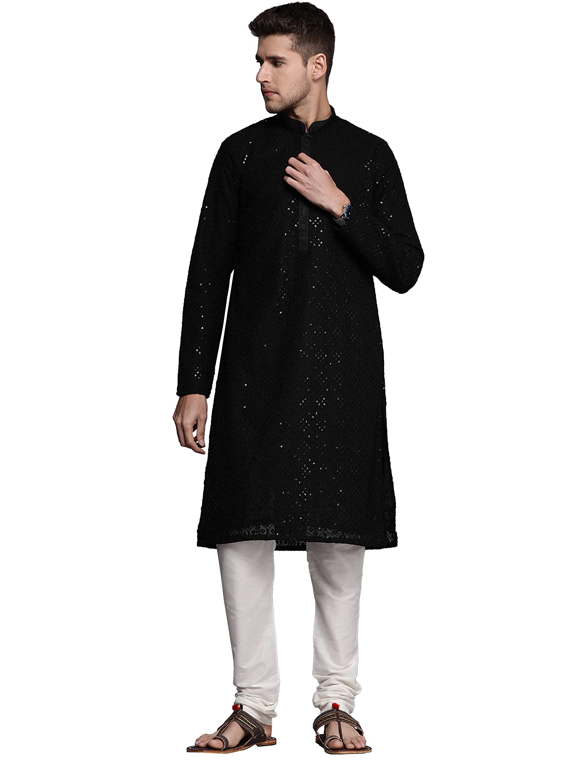 Manyavar Kurta Set for Men, Full Sleeves Mandarin Collar Ethnic Kurta Pajama for Engagement, Wedding, Party All Over Self-Design
