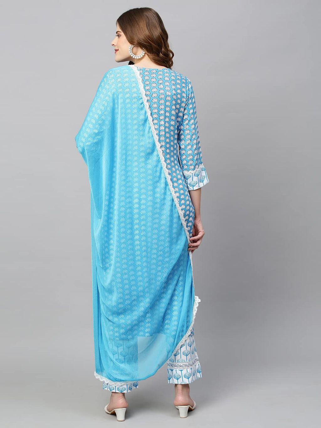 Anni Designer Women'S Cotton Blend Straight Printed Kurta With Pant & Dupatta (Sky Bird New)