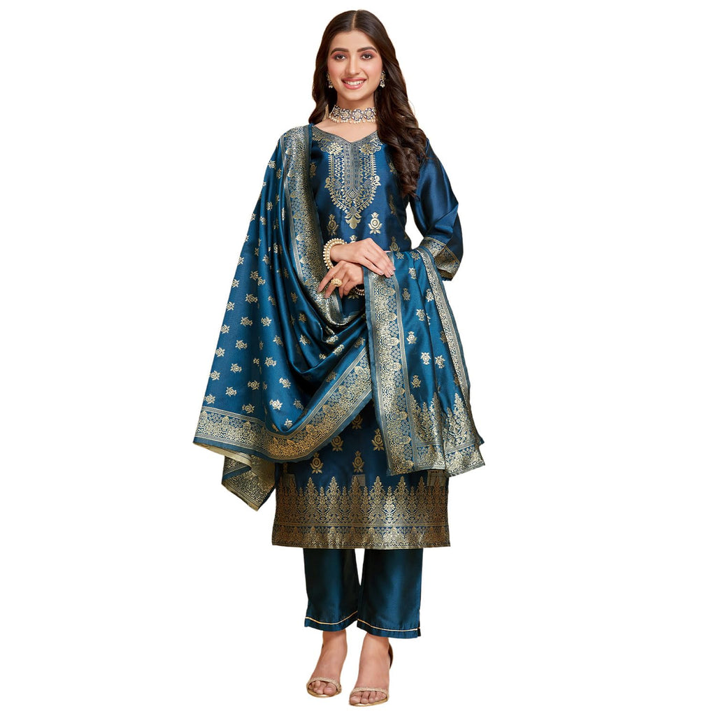 Ishin Women'S Ethnicteal Blue Printed Motifs Art Silk Kurta Set With Dupatta