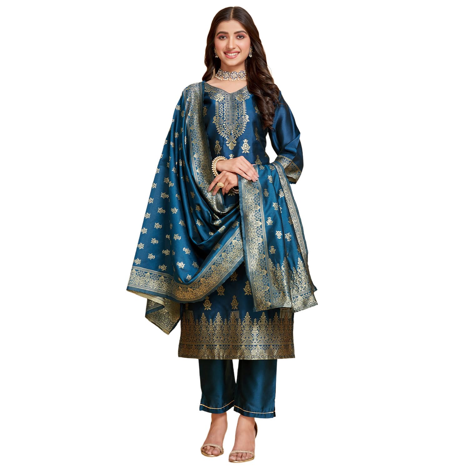 Ishin Women'S Ethnicteal Blue Printed Motifs Art Silk Kurta Set With Dupatta