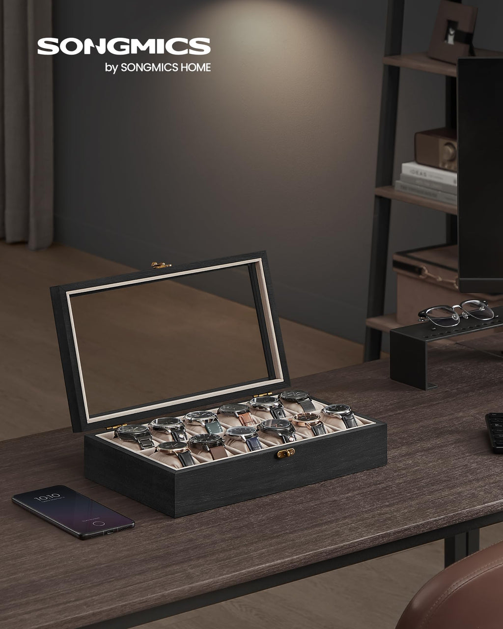 SONGMICS 12-Slot Watch Box, Solid Wood Organizer With Glass Lid, Display Case With Removable Pillows, Gift for Loved Ones, Ebony