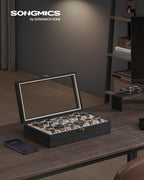 SONGMICS 12-Slot Watch Box, Solid Wood Organizer With Glass Lid, Display Case With Removable Pillows, Gift for Loved Ones, Ebony