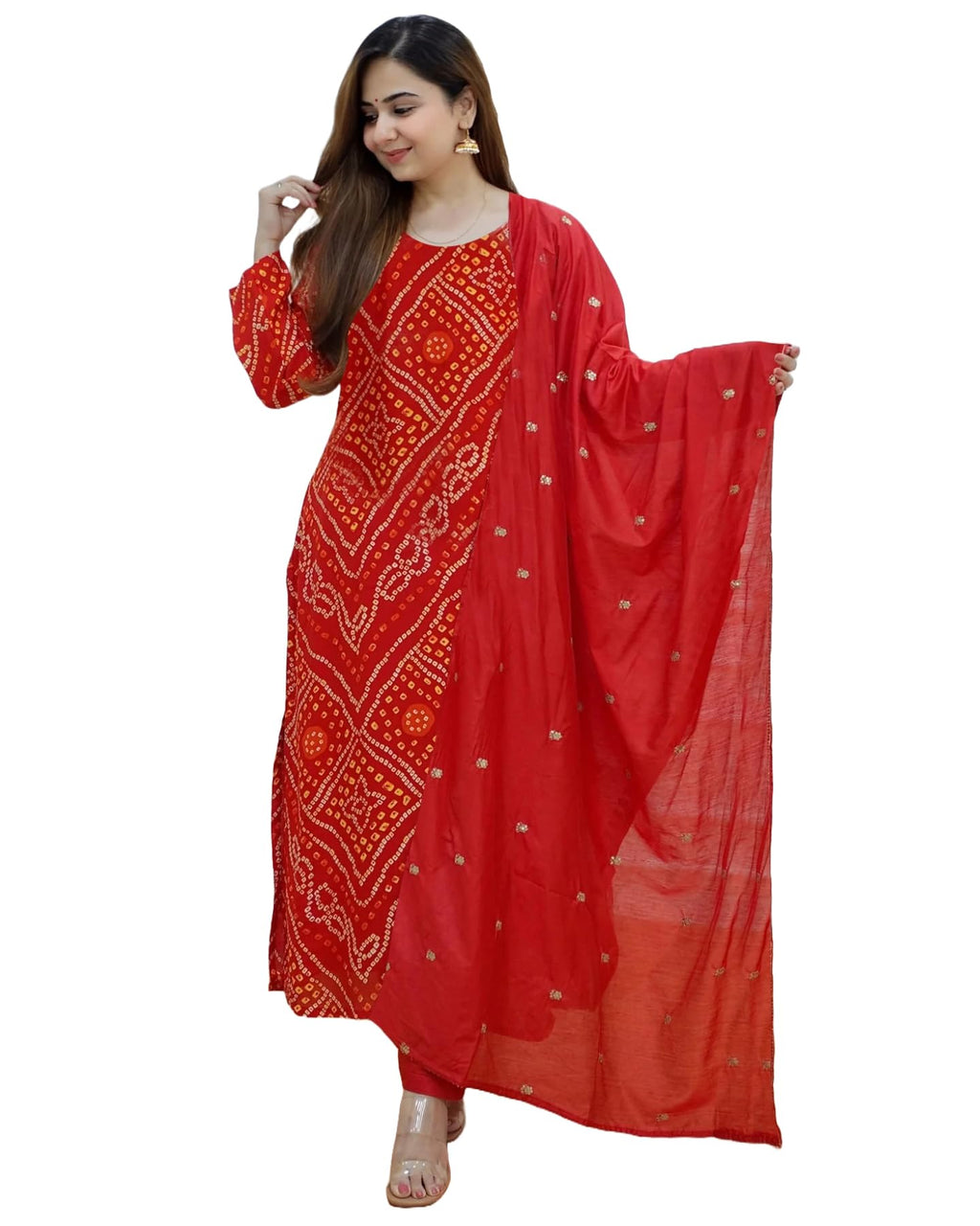 ANNI DESIGNER Womens Rayon Blend Straight Bandhani Printed Kurta with Pant & Dupatta (Nagwar Red_M_Red_Medium)