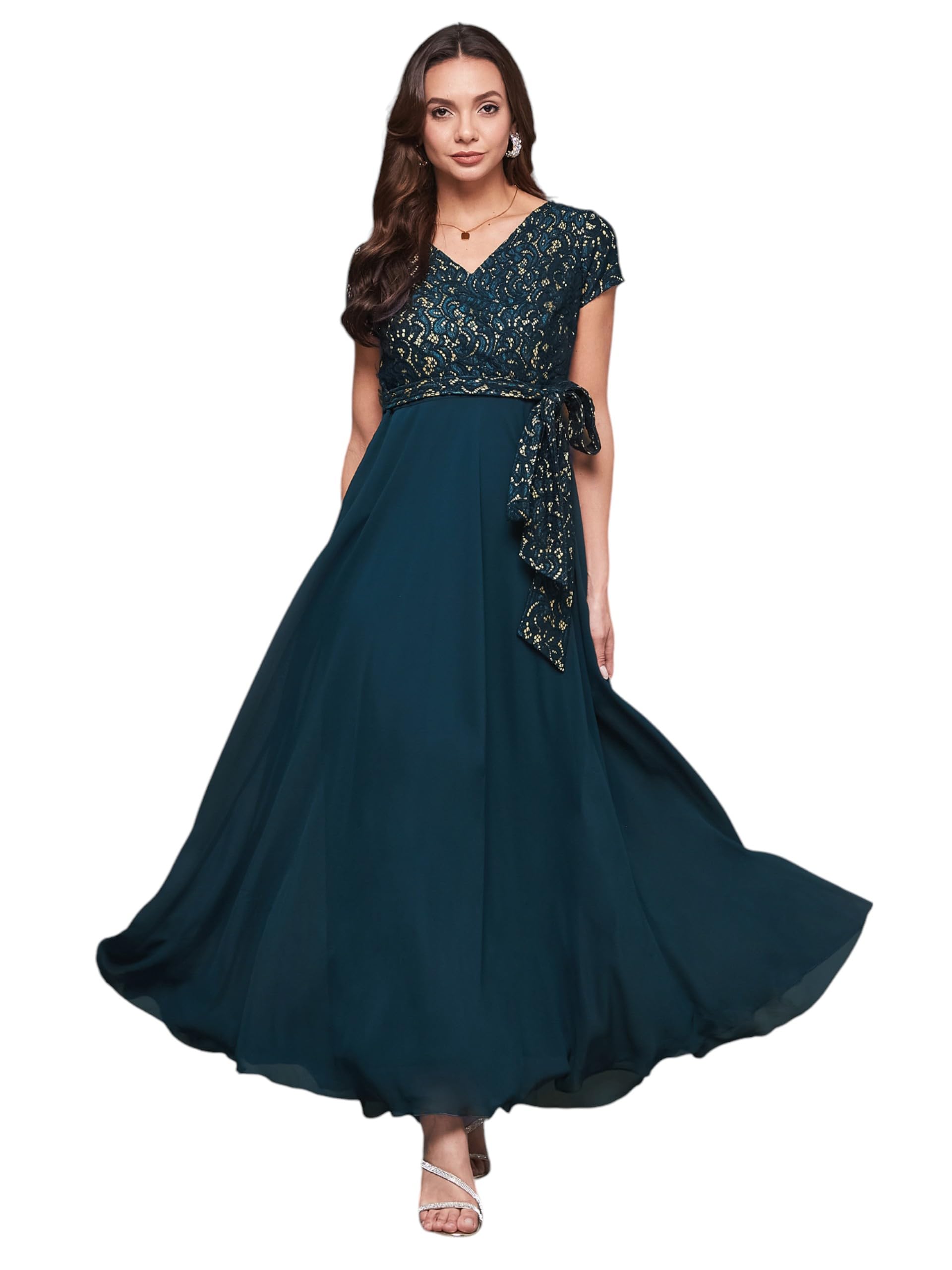 Miss Chase Womens V-Neck Short-Sleeve Self-Designed Lace Overlaid Maxi Dress (MCAW22D06-52-83-04, Teal, M)