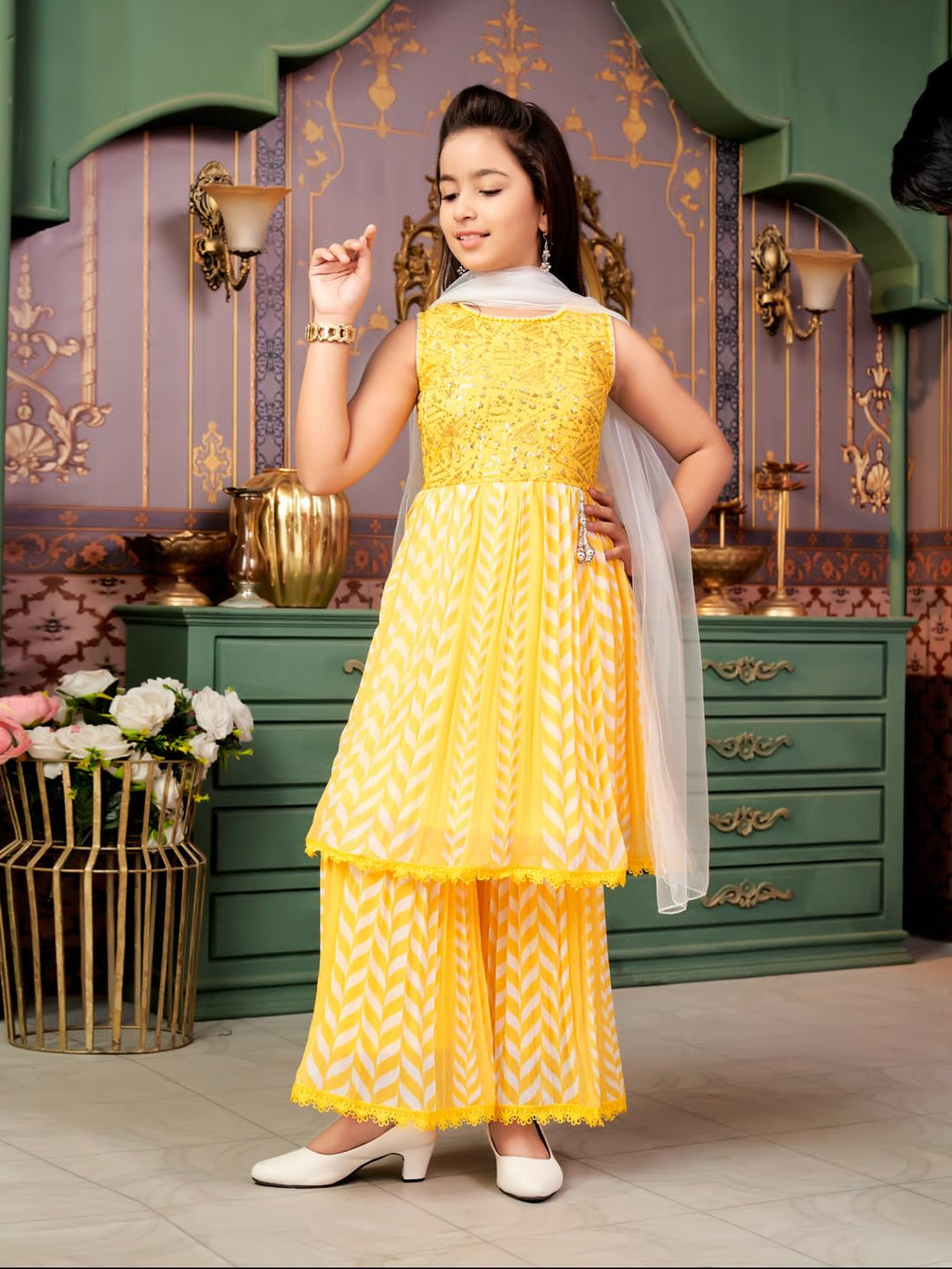 Aarika Girls Ethnic Wear Yellow Colour Beads Sequins Embroidery Georgette Kurti Sharara Set (5-16 Years)