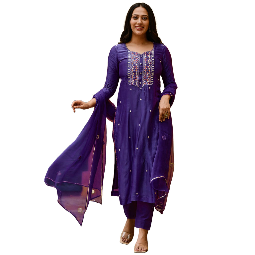 ANNI DESIGNER Womens Cotton Blend Embroidered Straight Kurta with Pant & Dupatta (Kasturi Begani_5XL_Blue_XXXXX-Large)