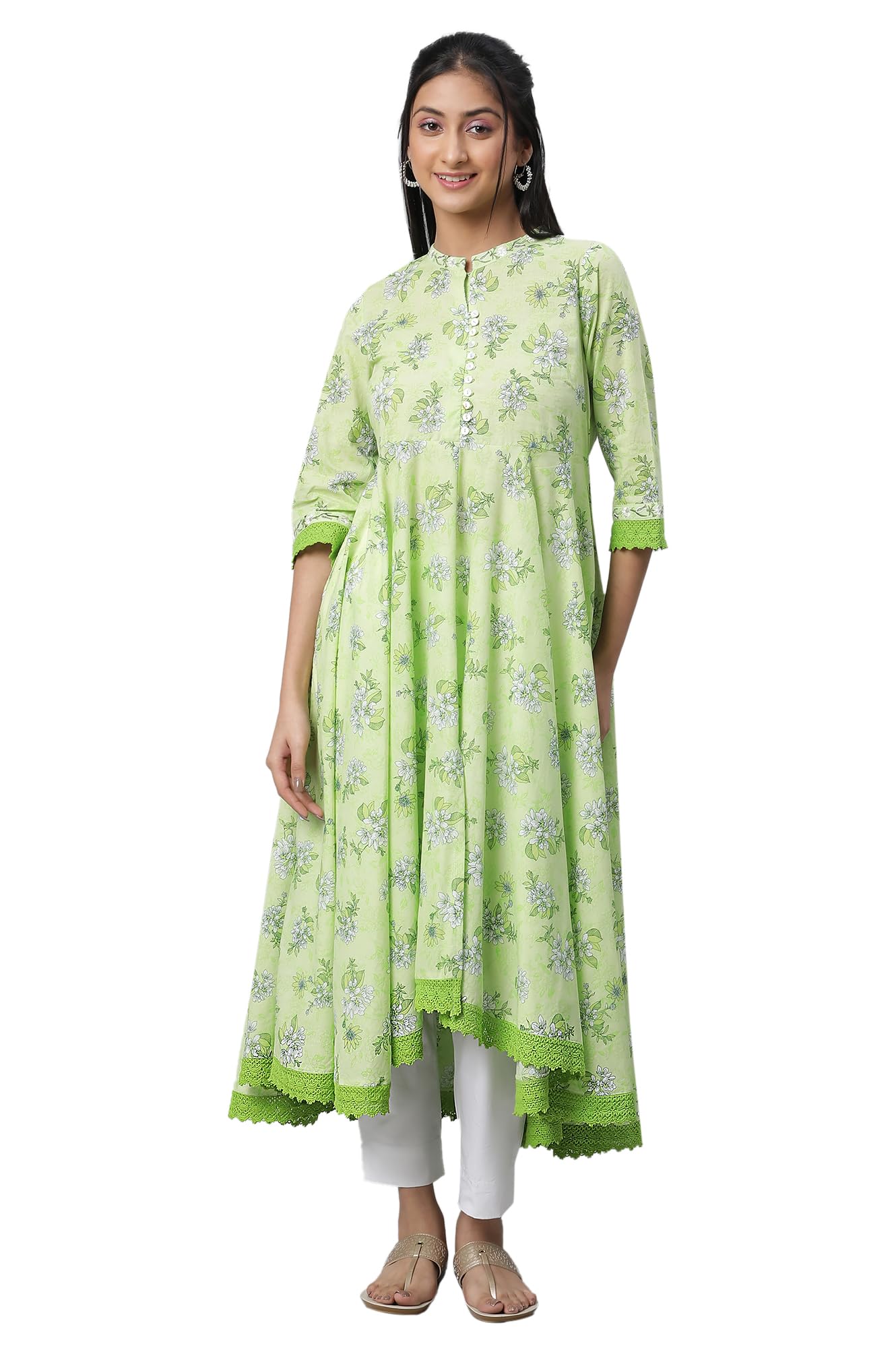 Aurelia WomenS Cotton Floral Loose Kurta (23Fea14104-507157_Lettuce Green