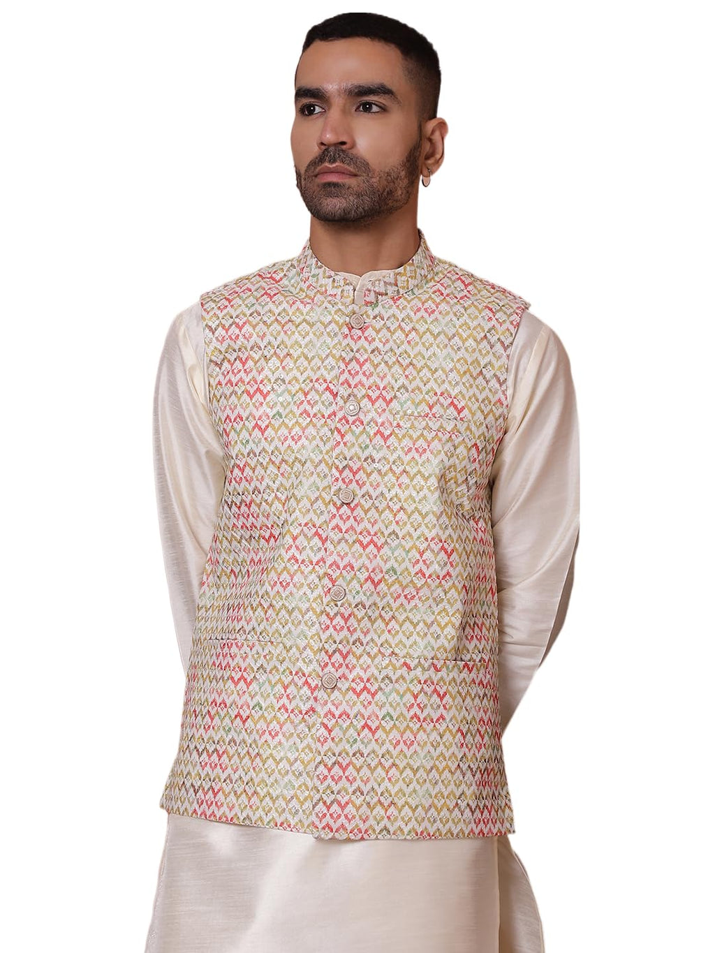 Jompers Mens Floral Printed And Embroidered Nehru Jacket