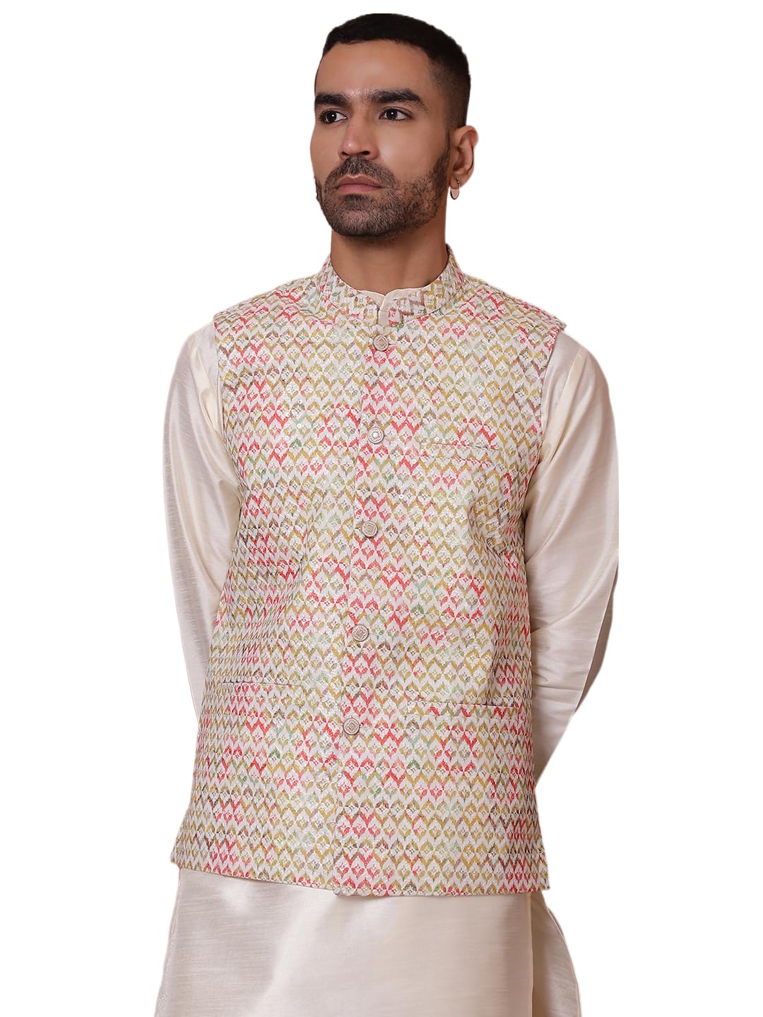 Jompers Mens Floral Printed And Embroidered Nehru Jacket