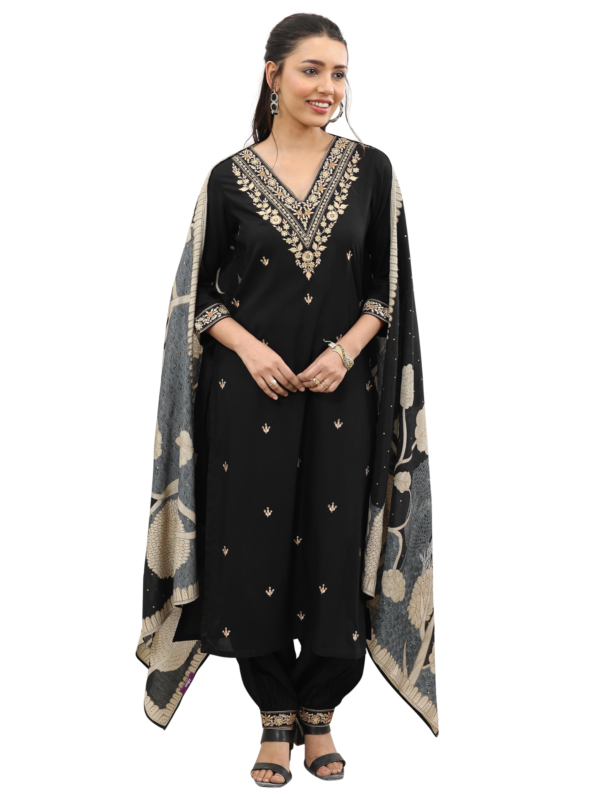 Libas Womens Embroidered Viscose Straight Kurta With Salwar And Dupatta