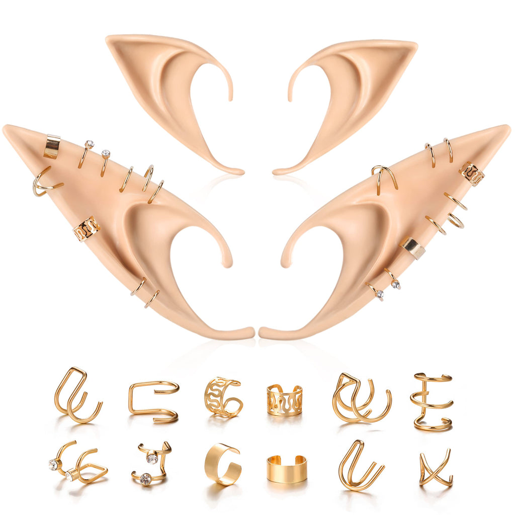 FRESHME Elf Ears with Elf Earrings Set - 2 Pairs Elf Ears and Gold Chain Earrings Ear Cuffs Set for Women Fairy Ear Cosplay Acce
