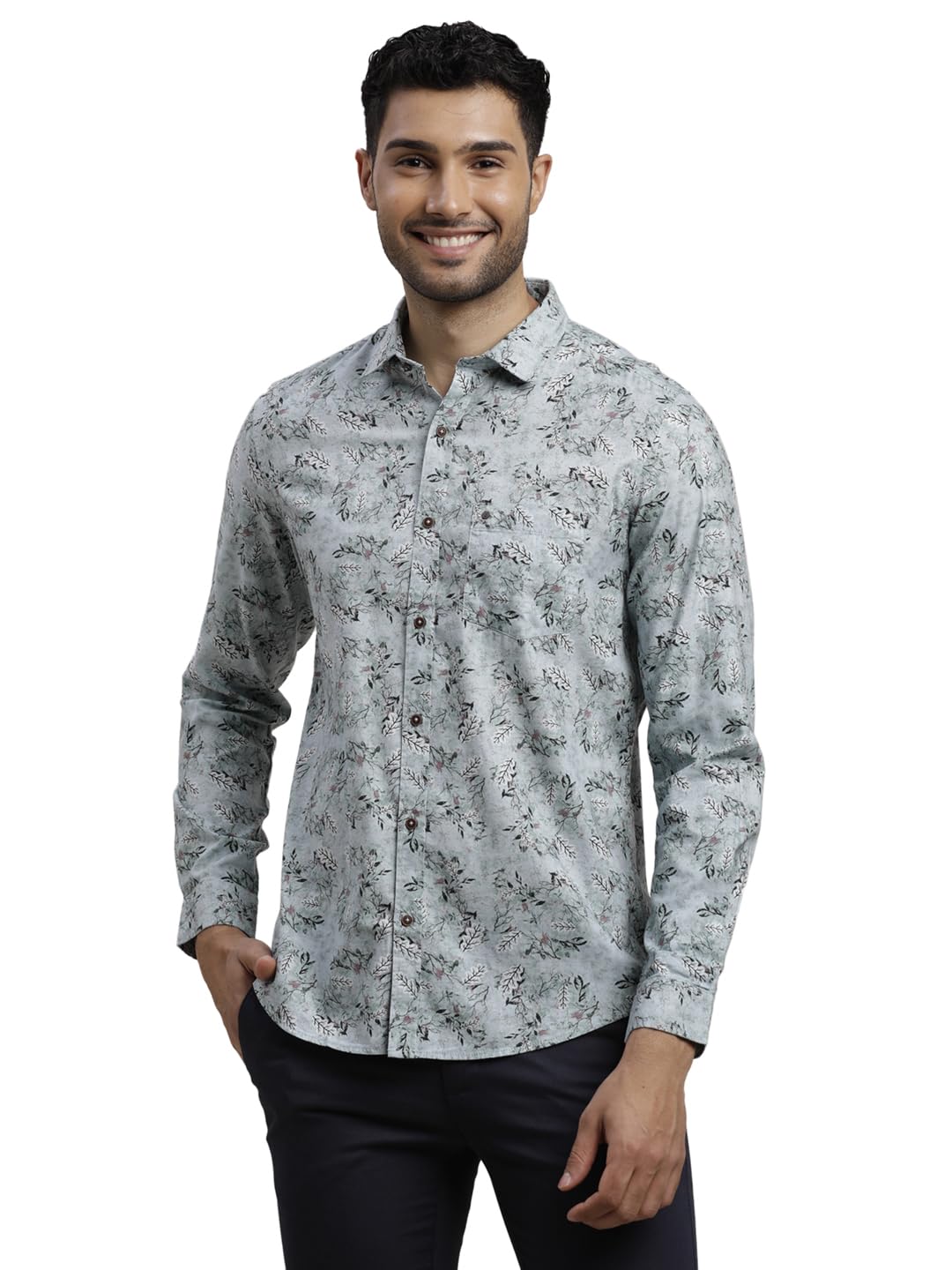 Turtle Men Cotton Tencel Slim Fit Full Sleeve French Grey Casual Shirt