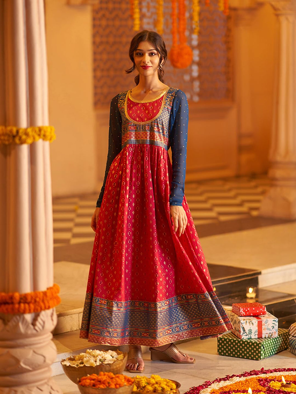 Aurelia Pink Ethnic Motif Cotton Anarkali Kurta with Lace