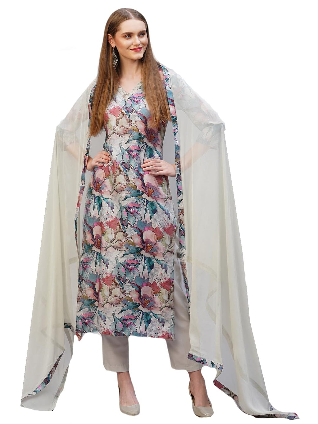 ANNI DESIGNER Womens Rayon Blend Printed Straight Kurta with Pant & Dupatta (Habibi Grey-NB_3XL_Grey_XXX-Large)