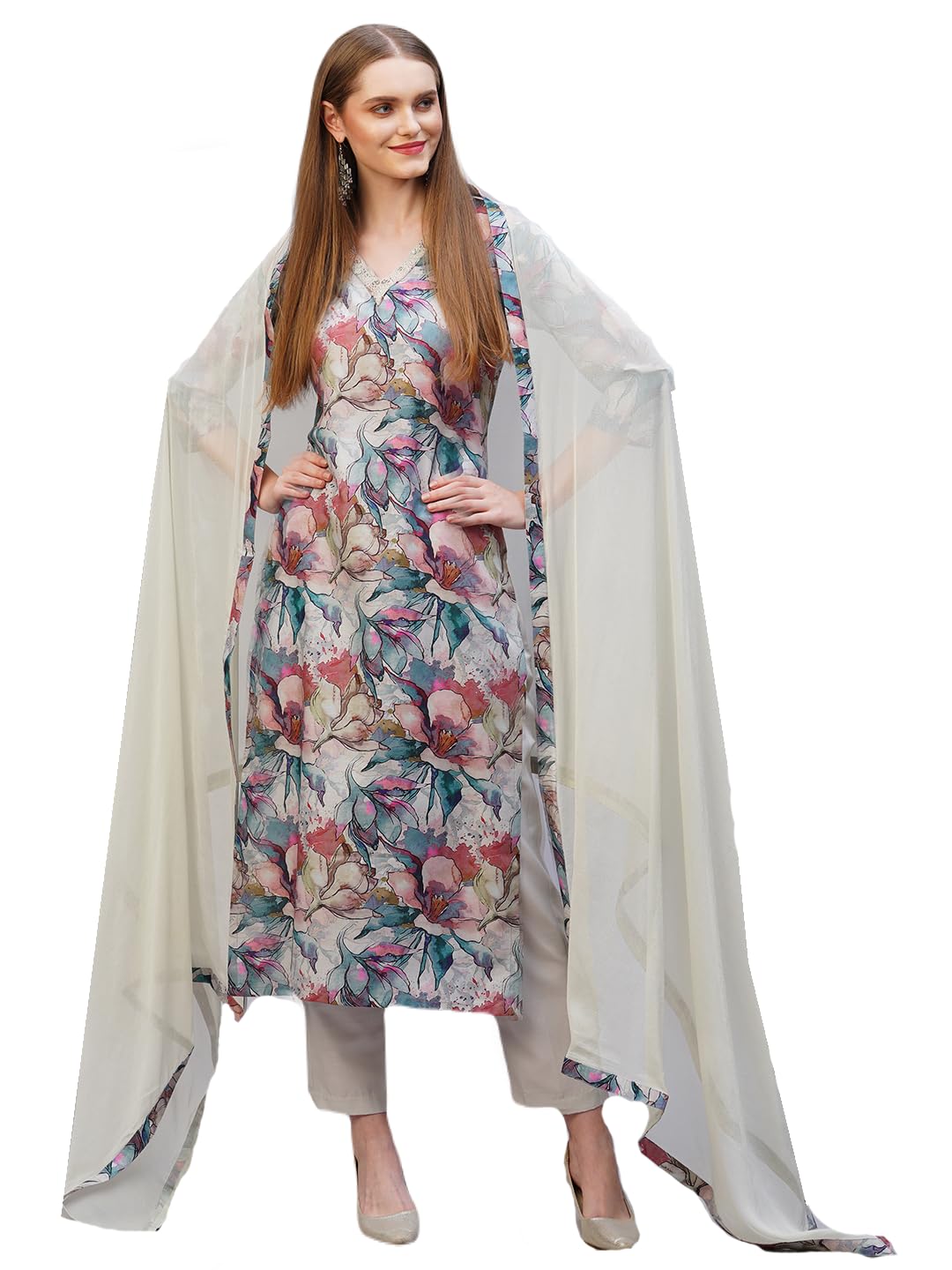 ANNI DESIGNER Womens Rayon Blend Printed Straight Kurta with Pant & Dupatta (Habibi Grey-NB_3XL_Grey_XXX-Large)