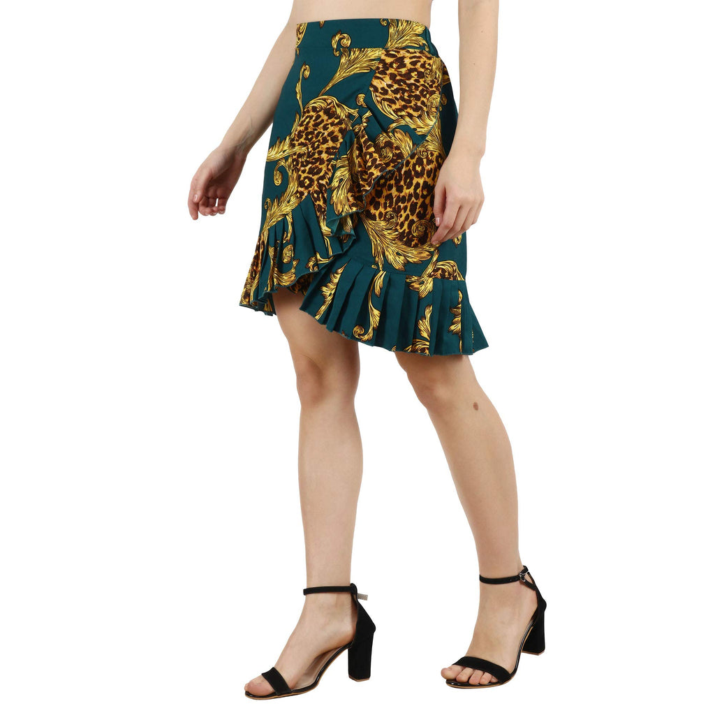 POPWINGS Casual Dark Green Golden Animal Printed Frill Mini Skirt for Women || Latest Stylish Western Knee-Length Women Skirt ||