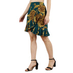 POPWINGS Casual Dark Green Golden Animal Printed Frill Mini Skirt for Women || Latest Stylish Western Knee-Length Women Skirt ||