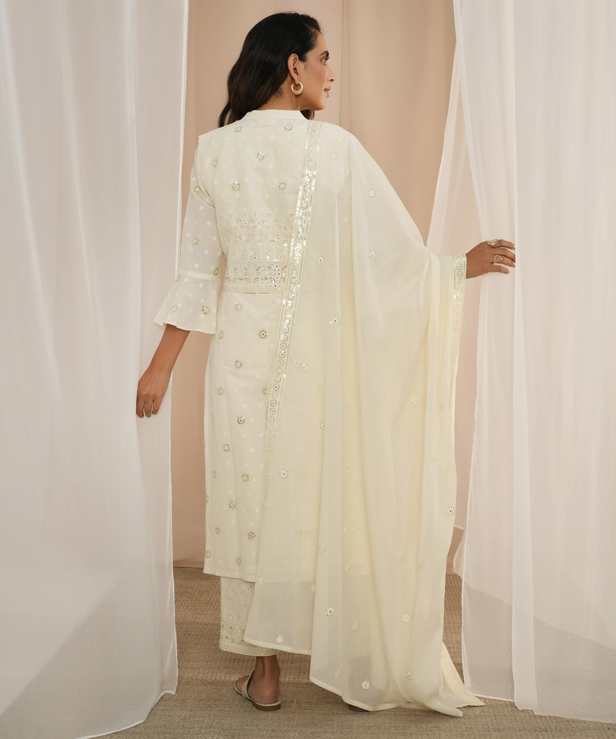 Libas Womens Embroidered Cotton Straight Kurta With Trousers And Dupatta