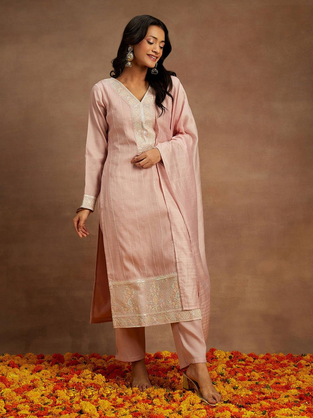 Libas Womens Embroidered Silk Straight Kurta With Trousers And Dupatta