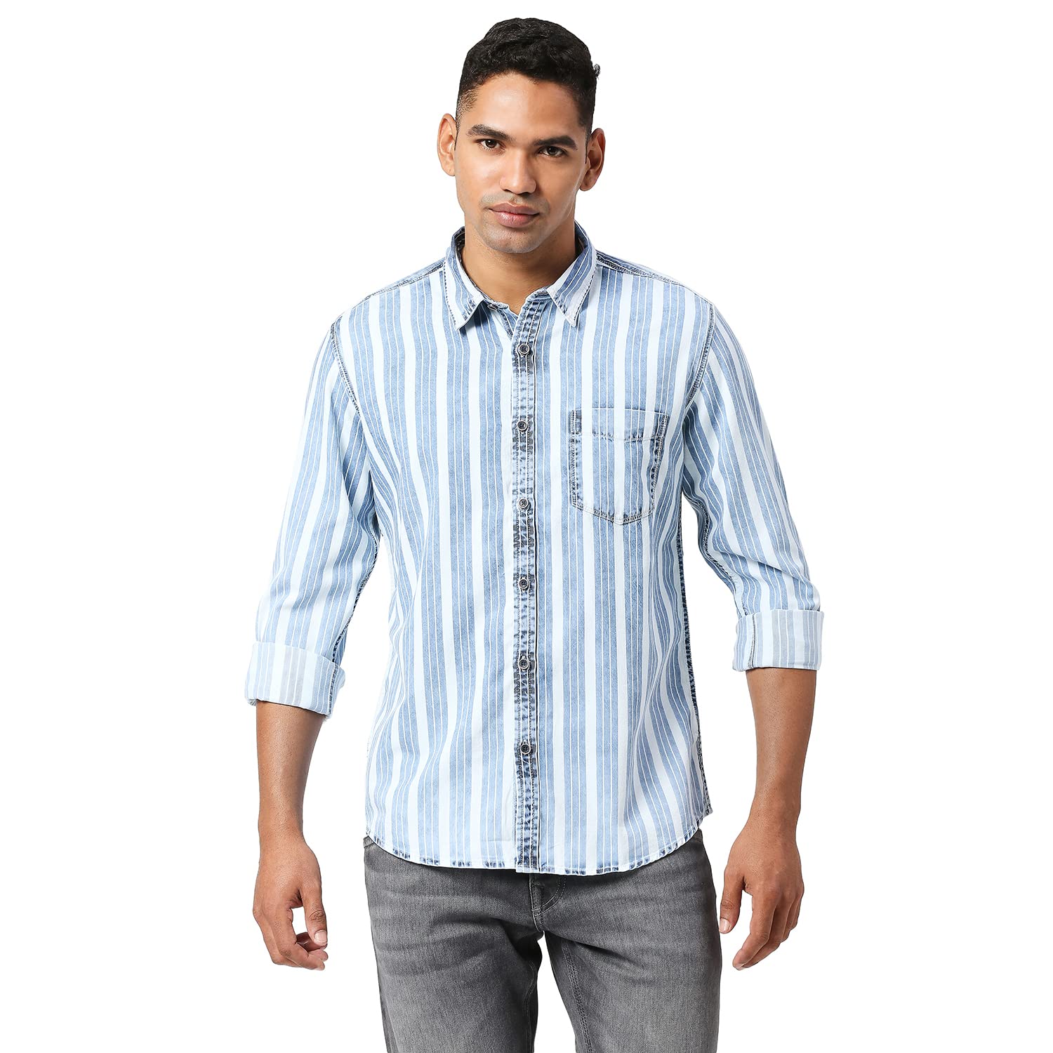 Pepe Jeans MenS Regular Fit Striped Denim Shirts