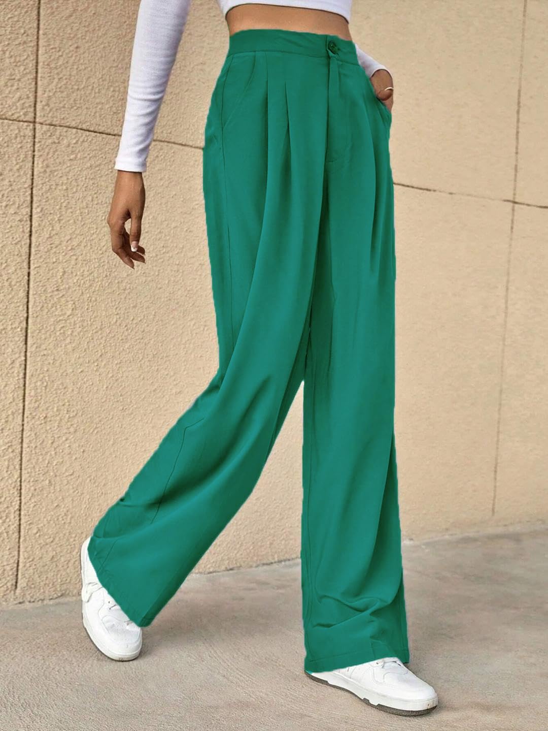 Kotty WomenS Cotton Blend Straight Fit Cross Pocket Solid Trousers Teal Green