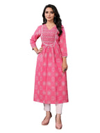 rangita Pink Cotton Calf Length Embroidered A-Line Kurti | Kurta for Women_S