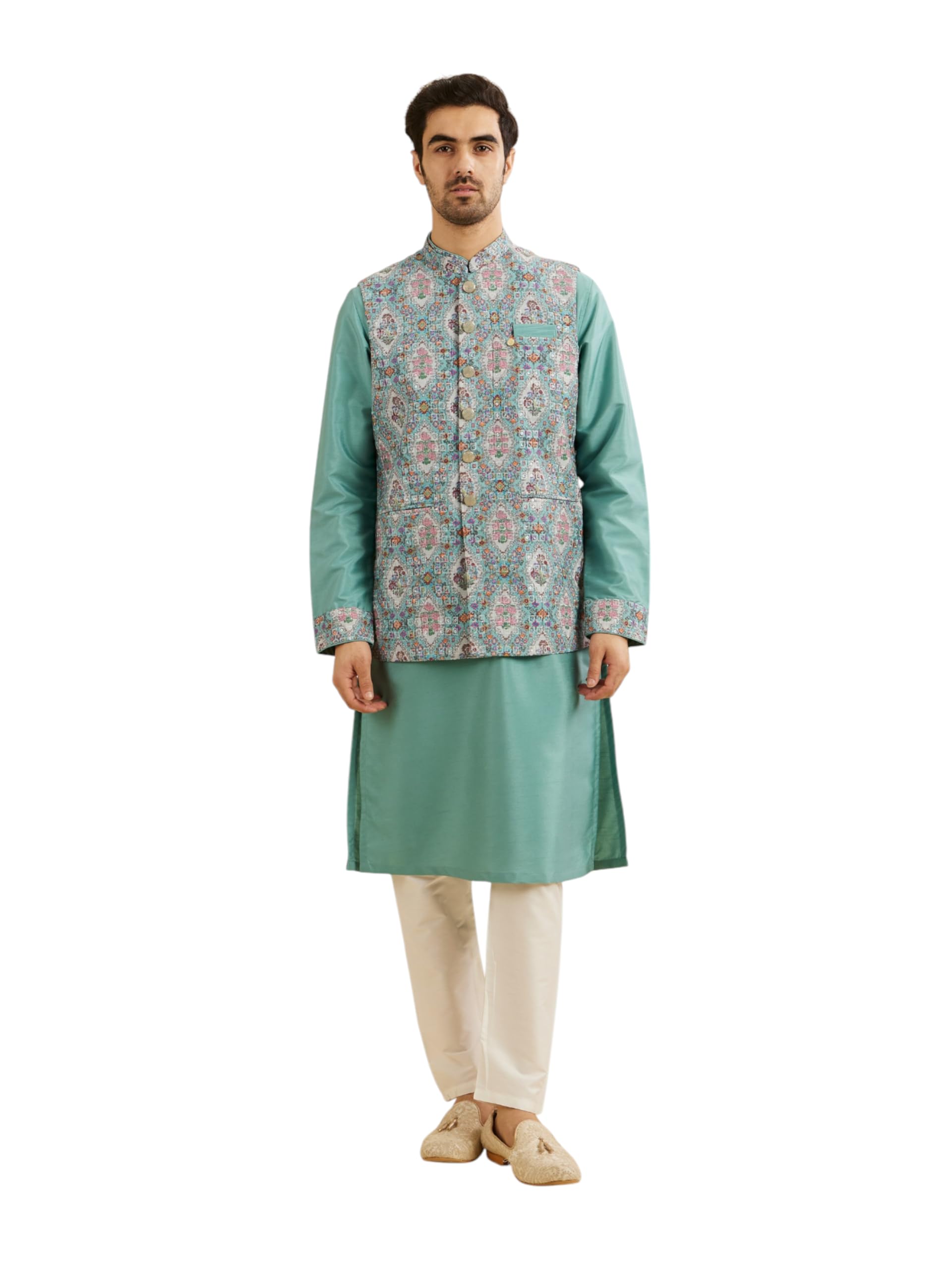 Manyavar Mens Art Silk Multicolor Print Kurta Jacket Set (Aqua Green,XL)