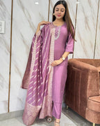 ANNI DESIGNER Womens Rayon Blend Embroidered Straight Kurta with Pant & Dupatta (Nagari Purple_S_Purple_Small)