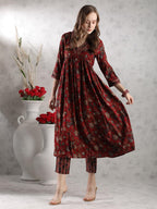 ANNI DESIGNER Womens Rayon Blend Anarkali Printed Regular Fit Kurta with Pant (Gunba Maroon_XXL_Maroon_XX-Large)