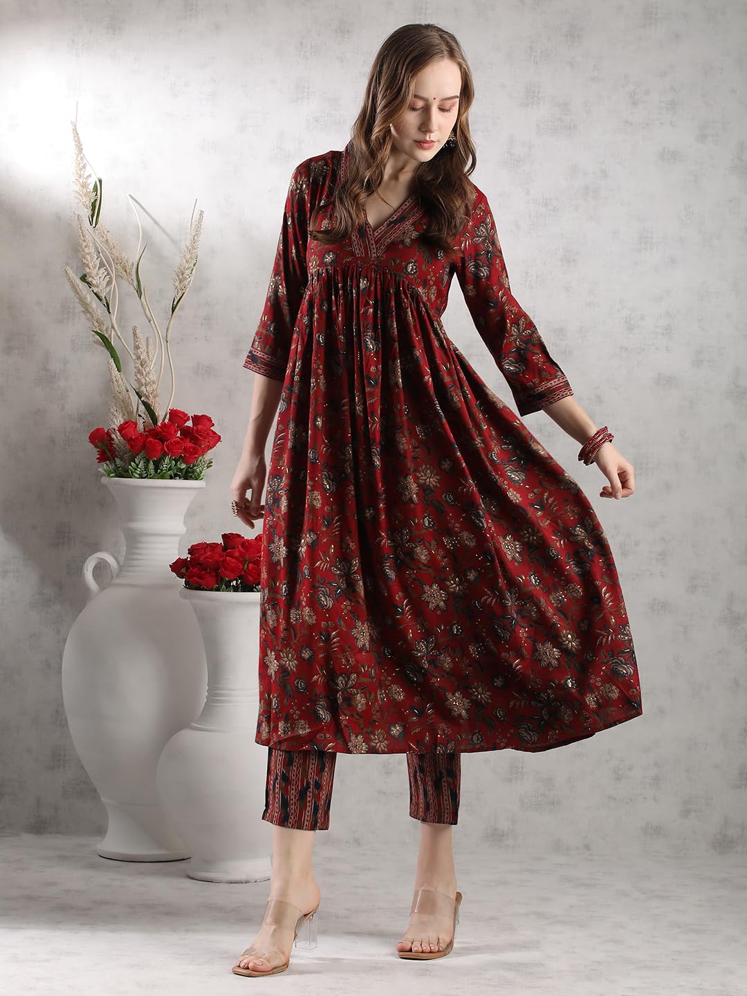 ANNI DESIGNER Womens Rayon Blend Anarkali Printed Regular Fit Kurta with Pant (Gunba Maroon_XXL_Maroon_XX-Large)