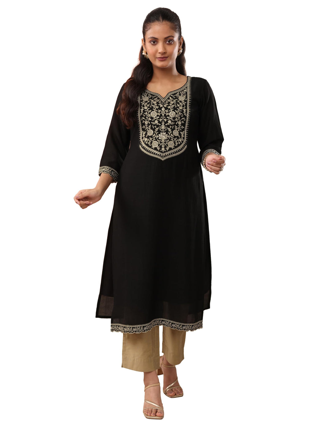 Libas Womens Silk Blend Yoke Design Straight Calf Length (58348_Black