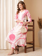 ANNI DESIGNER Ladies Cotton Blend Printed Kurta With Co-Ord Pants Set, pink, S