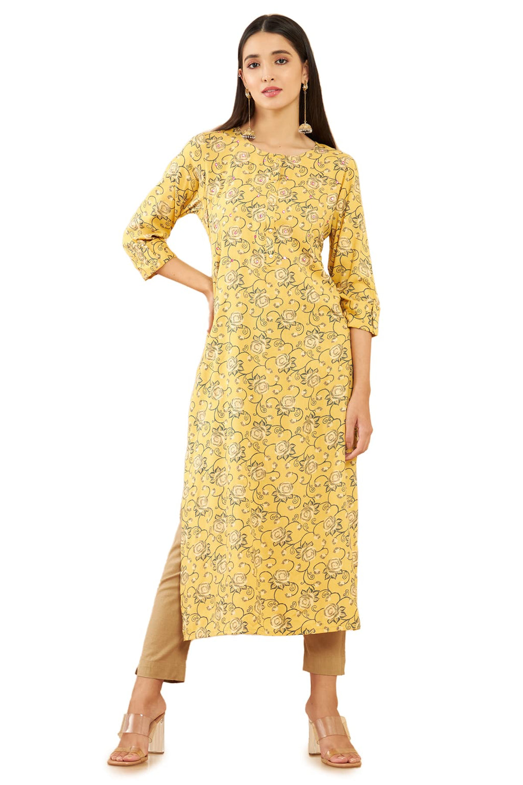 Soch Mustard Yellow Rayon Floral Print Straight Fit Kurta