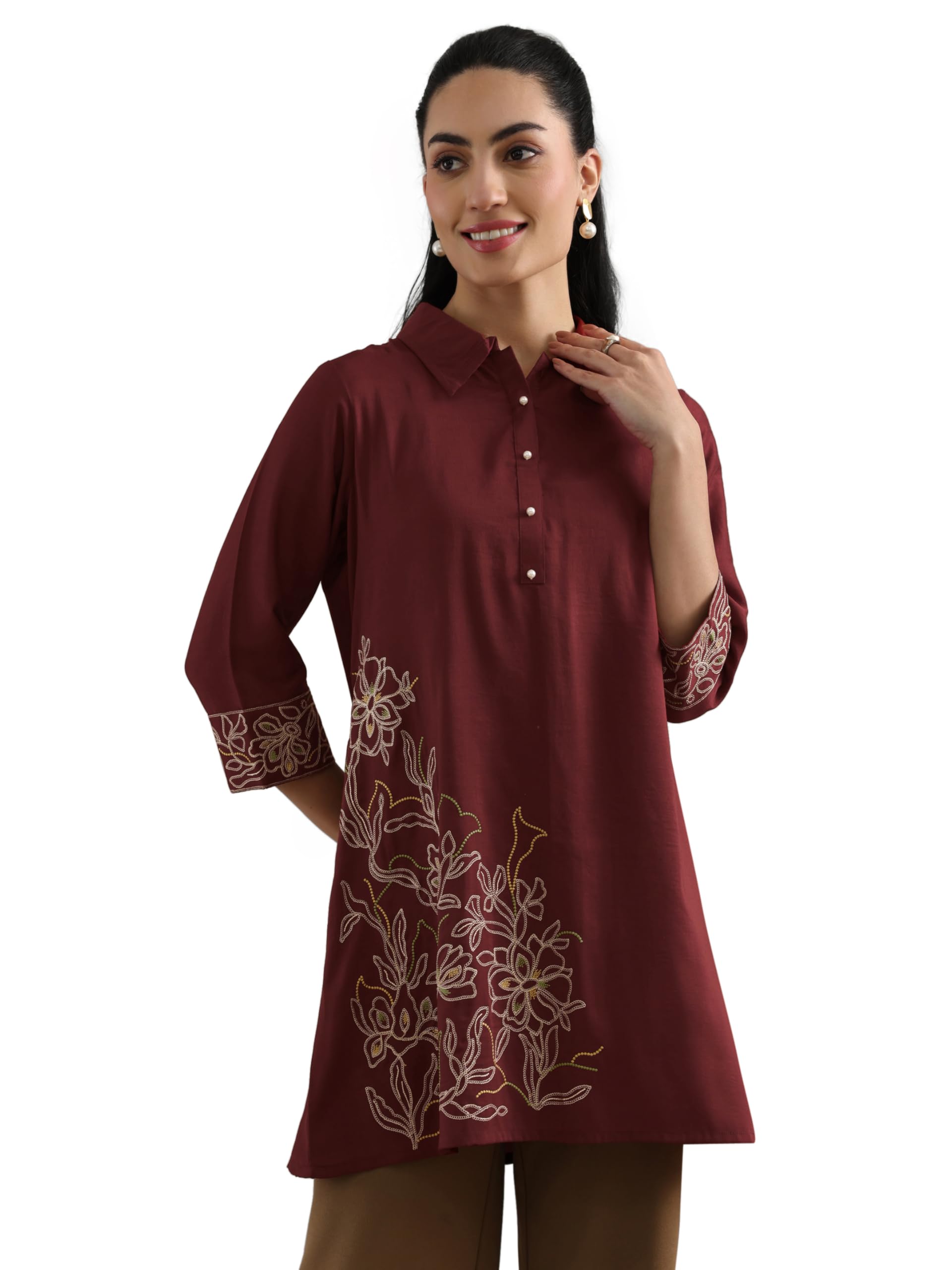 Libas Womens Silk Blend Embroidered Straight Kurti (58313_Maroon