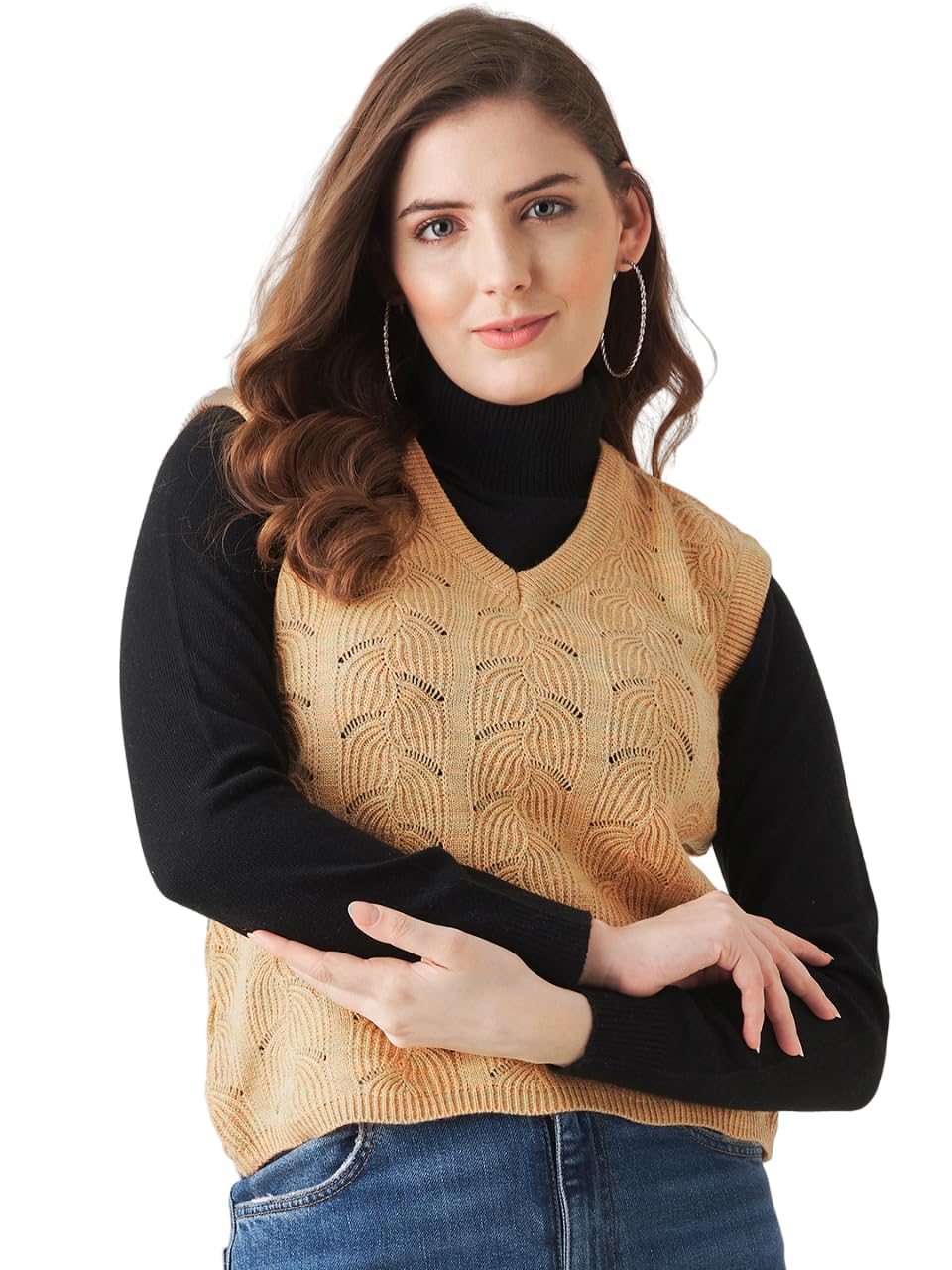 Modeve Self Design V Neck Casual Women Yellow Sweater||Winterwear||